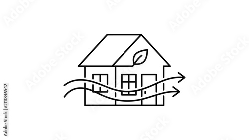 Minimalist outline icon of a house with airflow and a leaf symbol.