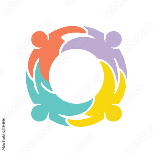 Abstract colorful icon of four people holding hands in a circle representing teamwork and unity and community