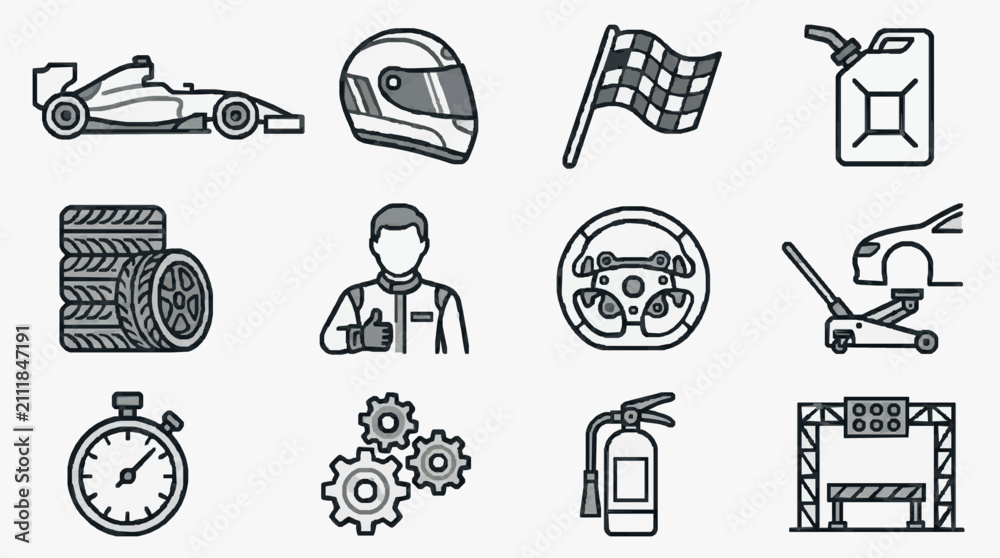 Fototapeta premium Creative Black and White Line Drawing Icons Set Featuring Racing and Mechanic Tools Safety Gear and Equipment