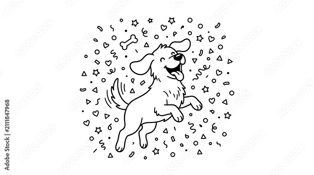 Obraz premium Happy dog celebrating with confetti shower. Playful golden retriever enjoying festive party atmosphere in cartoon style.