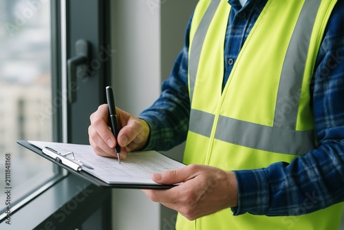 Construction worker in safety vest writing on checklist clipboard indoors next to window in modern office building interior during inspection process. Ai generative