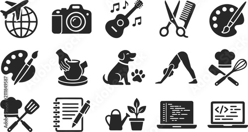 Lifestyle hobbies icon set, 15 black vector pictograms for leisure activities, creative skills and professional services symbols