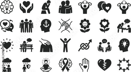 Foto Mental health icons set, psychology and emotional wellness symbols, 28 black vec