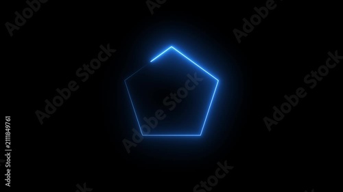 Glowing blue neon pentagon shape rotating animation on black background, light abstract