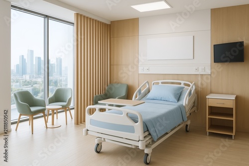 Modern hospital room with wooden accents, comfortable patient bed, large window view of cityscape, armchairs, and soft lighting concept interior design. Ai generative