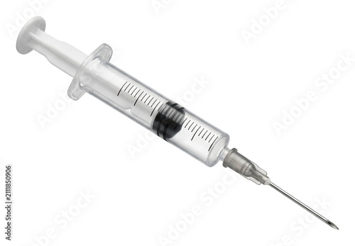 Foto Professional sterile medical syringe with sharp hypodermic needle and clear isol