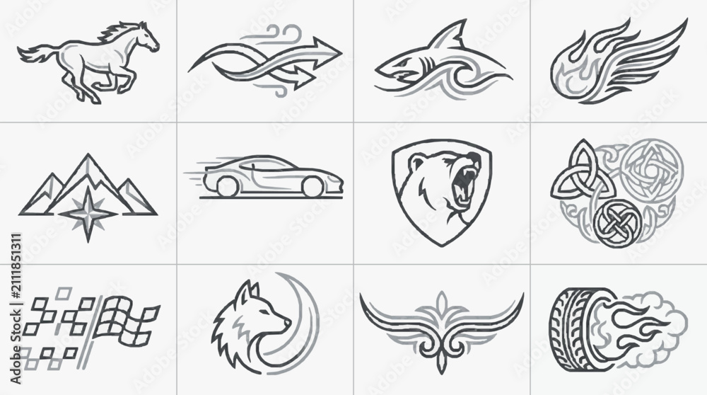 Obraz premium Clean Black and White Minimalist Logos of Animals Mythical Creatures and Abstract Symbols for Branding