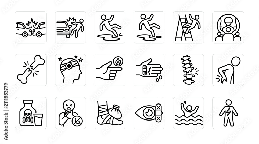 Fototapeta premium Ultimate hand drawn personal injury claims and bodily trauma medical vector icons grid mockup