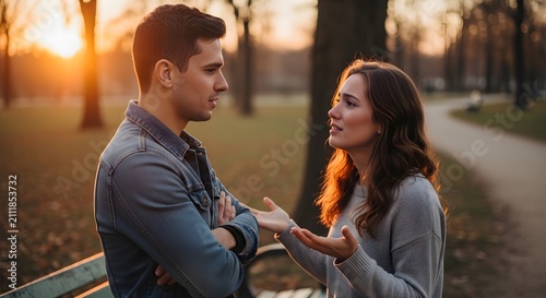 Two people engaging in intimate conversation during golden hour in park setting with emotional moment between two individuals standing outdoors near railing hour sunlight serene