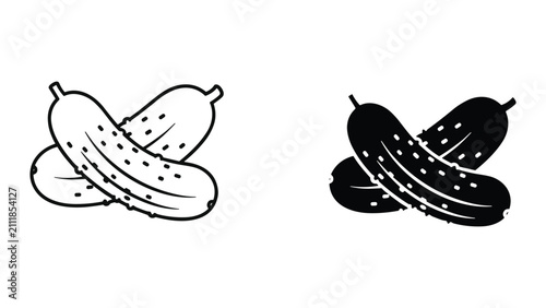 Fotografie Set of two cucumbers, line art and silhouette icons, vector illustration of fres