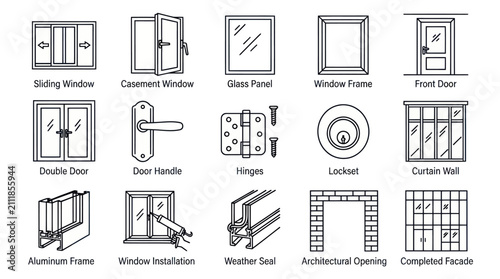 Blueprint style window and door hardware component icons.