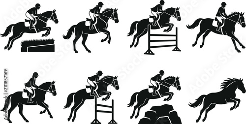 Bild auf Leinwand Collection of black silhouettes of horse riders jumping over various obstacles a