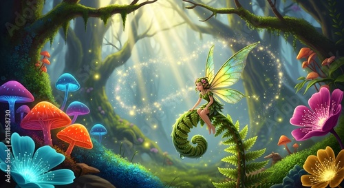 Whimsical fantasy fairy with glowing wings in enchanted forest glade with depicts delicate fairy translucent wings perched mossy vine amidst vibrant flowers twinkling fireflies