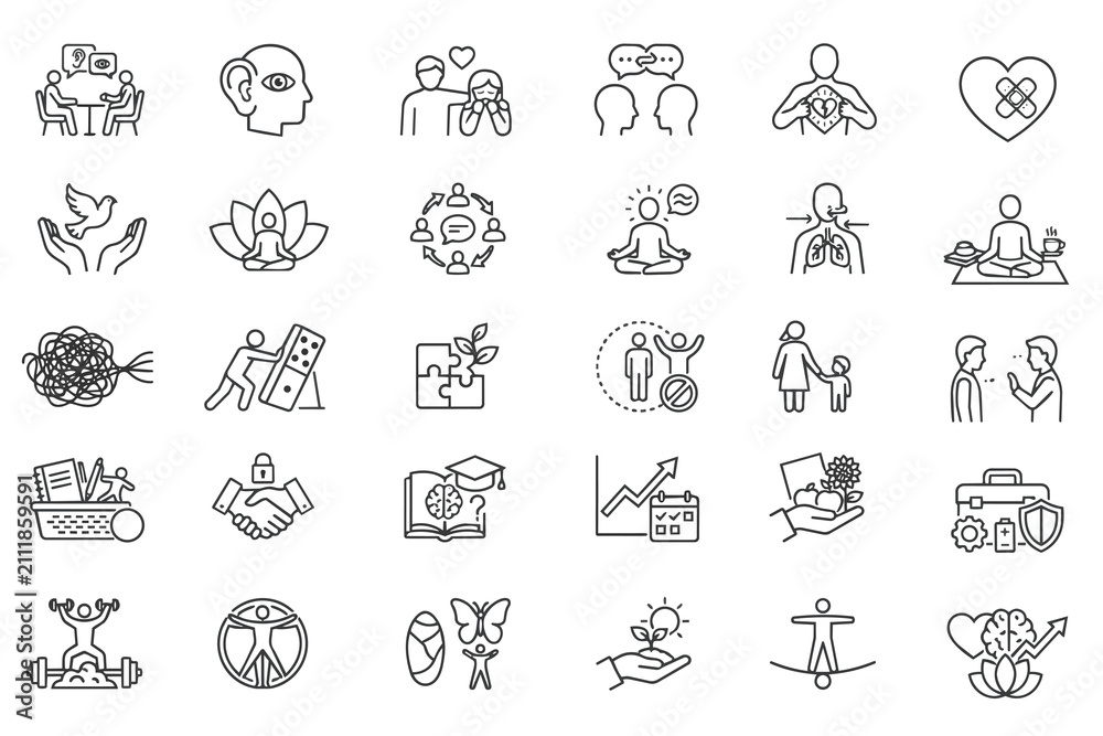 Fototapeta premium A set of 30 black line art icons covering mental health, physical health, emotional state, therapy, healing, and self-care.