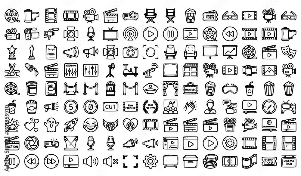 Fototapeta premium Movie Reel Doodle Icon Set Hand Drawn Cinema Vector