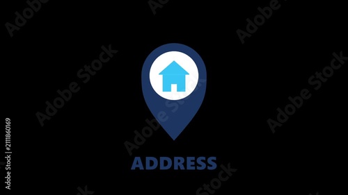 Blue house location pin icon with address text on black background.