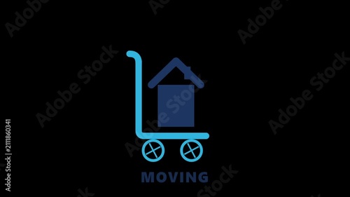 Animated icon of a house on hand truck with 'MOVING' text on black background