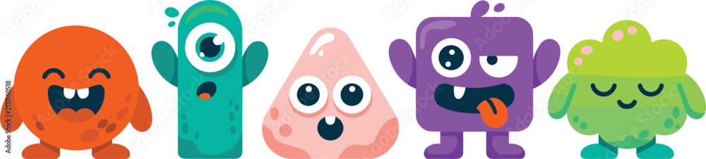 Fototapeta premium Cute Geometric Shape Monster Character Vector Set Featuring Circle, Triangle, Square, and Polygon Alien Creatures for Toddler Early Math Learning Games