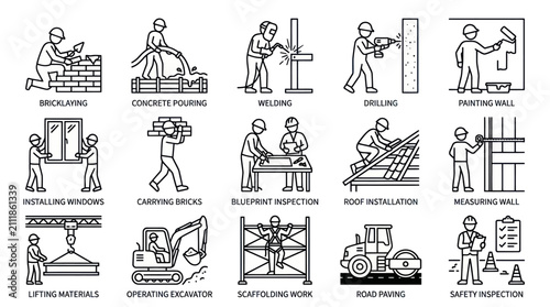Construction worker activity icons showing various trade tasks.