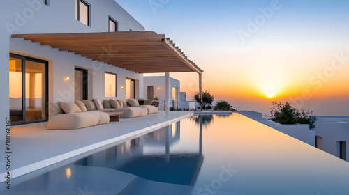 Modern minimalist infinity pool at luxury villa during sunset with ocean view