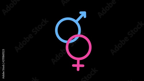 Blue male and pink female gender symbols overlapping on black background representing identity