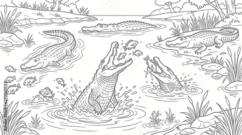 Crocodiles in river swamp landscape coloring page line art