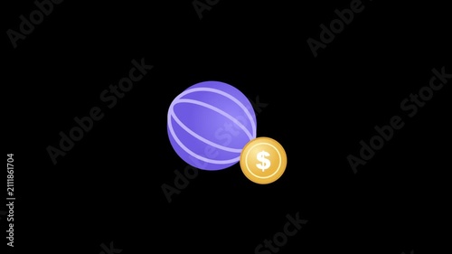 Purple sphere and golden dollar coin symbolizing global finance on a black background
