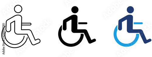 Wheelchair accessibility icon set with handicap symbol. Representing disabled access, mobility assistance, inclusive facilities, medical care, patient transport, and diversity support.