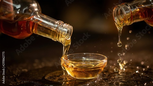 Golden olive oil pouring from a glass bottle into a small bowl