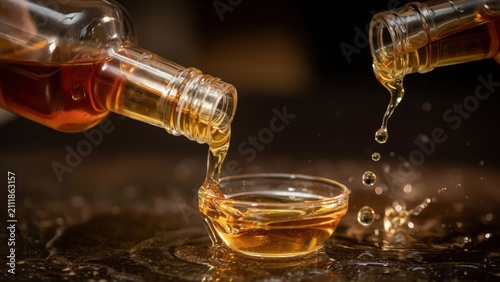 Golden honey pouring from a glass bottle into a small bowl