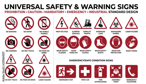 Universal Safety & Warning Signs Vector Set – Prohibition, Mandatory, Caution and Emergency Industrial Symbols