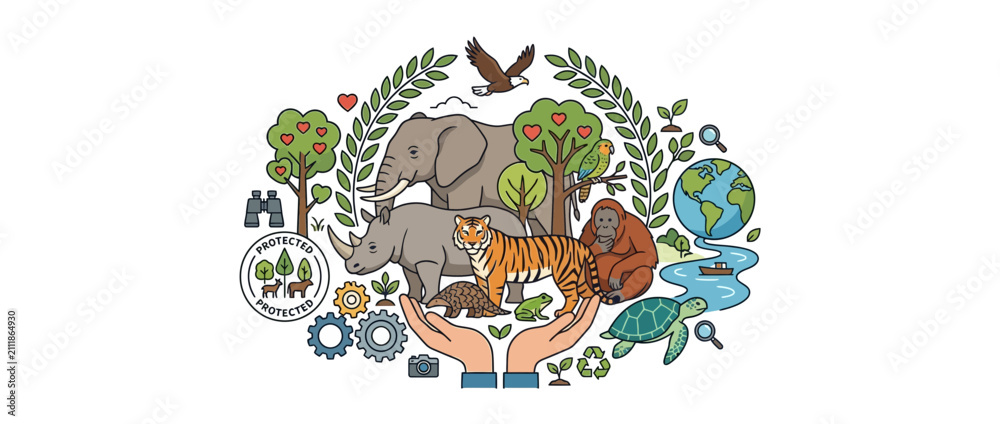 Obraz premium Diverse Wildlife and Nature Elements Caring Hands Illustration