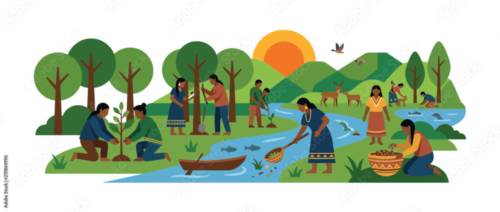 Fototapeta premium People living harmoniously with nature and planting trees