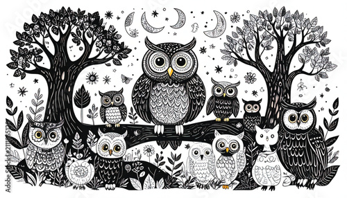 Whimsical Black and White Owl Illustration with Botanical Elements