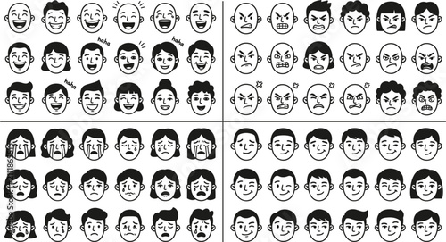 Foto Set of diverse character facial expressions categorized into four quadrants of happy, angry, sad, and smiling moods