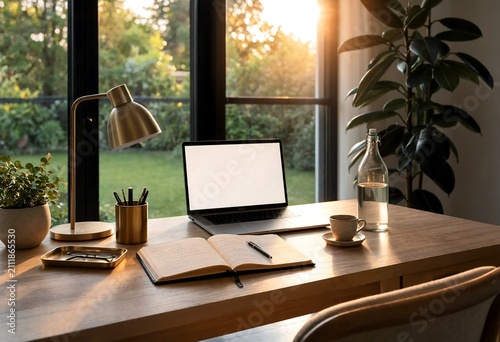 Laptop on wooden desk with open notebook and golden hour light streaming through window