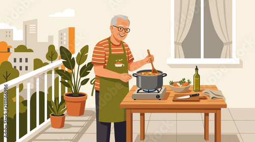 Elderly man cooking soup on balcony with city view illustration