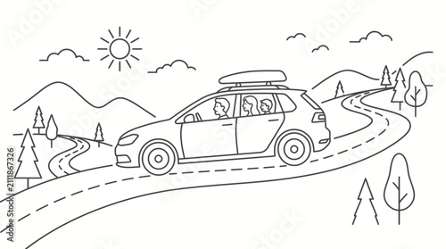 Outline drawing of a family car driving on a road trip.