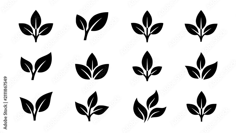 Obraz premium Set of black leaf icons representing nature and organic plant life