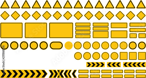 Obraz na płótnie Collection of blank yellow traffic signs, warning triangles, circular road symbols, and directional arrows