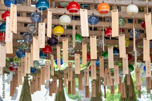 Colorful Japanese Wind Chimes Hanging with Wooden Tanzaku Tags