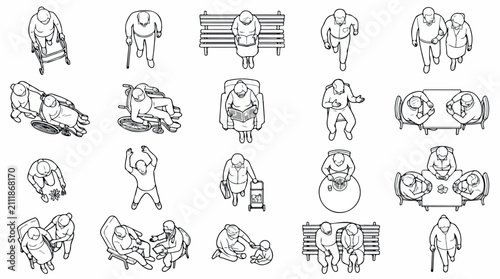 Isometric elderly people line art icons, senior citizens in nursing home activities, 20 vector characters for architectural floor plans