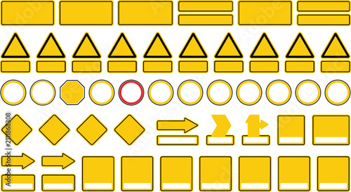 Fotografie Collection of blank yellow traffic signs, warning triangles, circular road symbols, and directional arrows