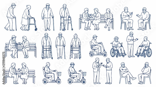 Elderly people line art collection, senior citizens with mobility aids and wheelchairs vector, retired men and women sitting and walking set