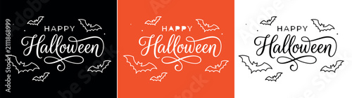 Three decorative halloween greeting card designs featuring elegant calligraphy and spooky seasonal vector illustrations