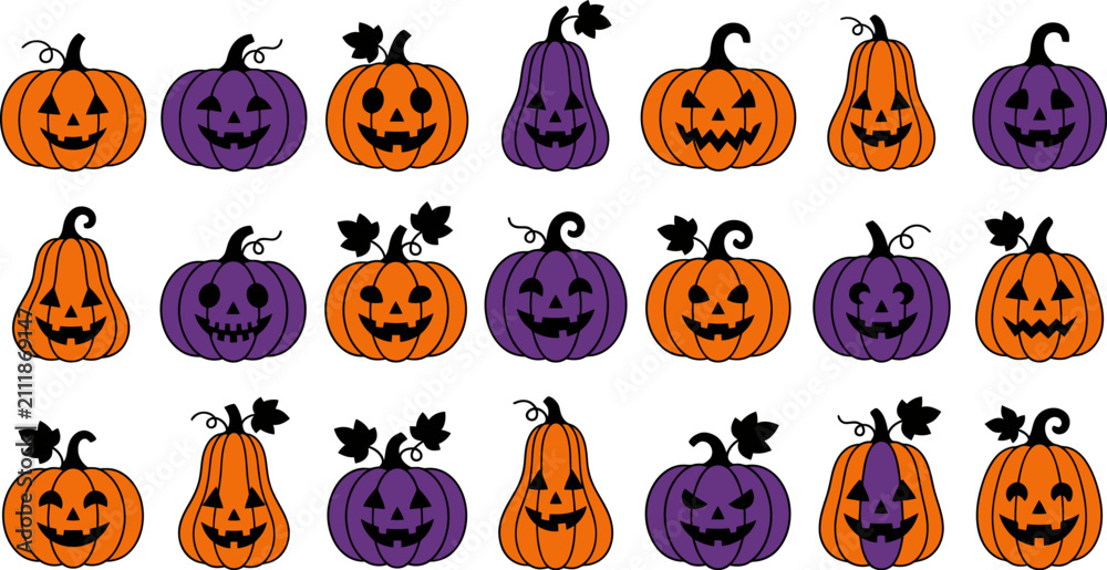 Fototapeta premium Set of various carved halloween pumpkin icons for october 31st celebrations displayed as a collection isolated on transparent background