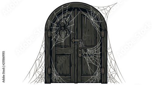 Spooky old wooden door covered in cobwebs with a large black spider illustration isolated on white background for Halloween design