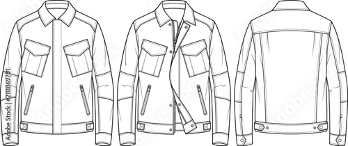 Mens technical trucker denim jacket fashion flat sketch vector illustration technical drawing with flap pockets zip pockets