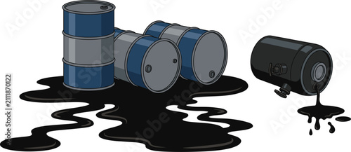 Fotografie Industrial storage shelving unit with a fallen leaking oil drum spilling hazardous black liquid on the floor