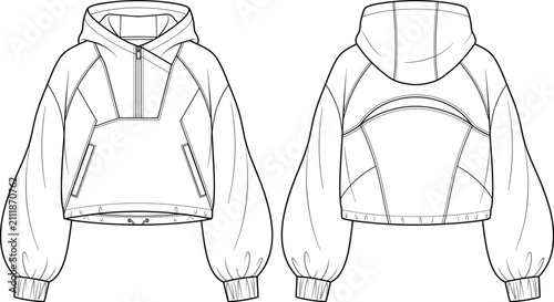 Bild auf Leinwand Womens athletic half zip cropped hoodie fashion flat sketch vector illustration
